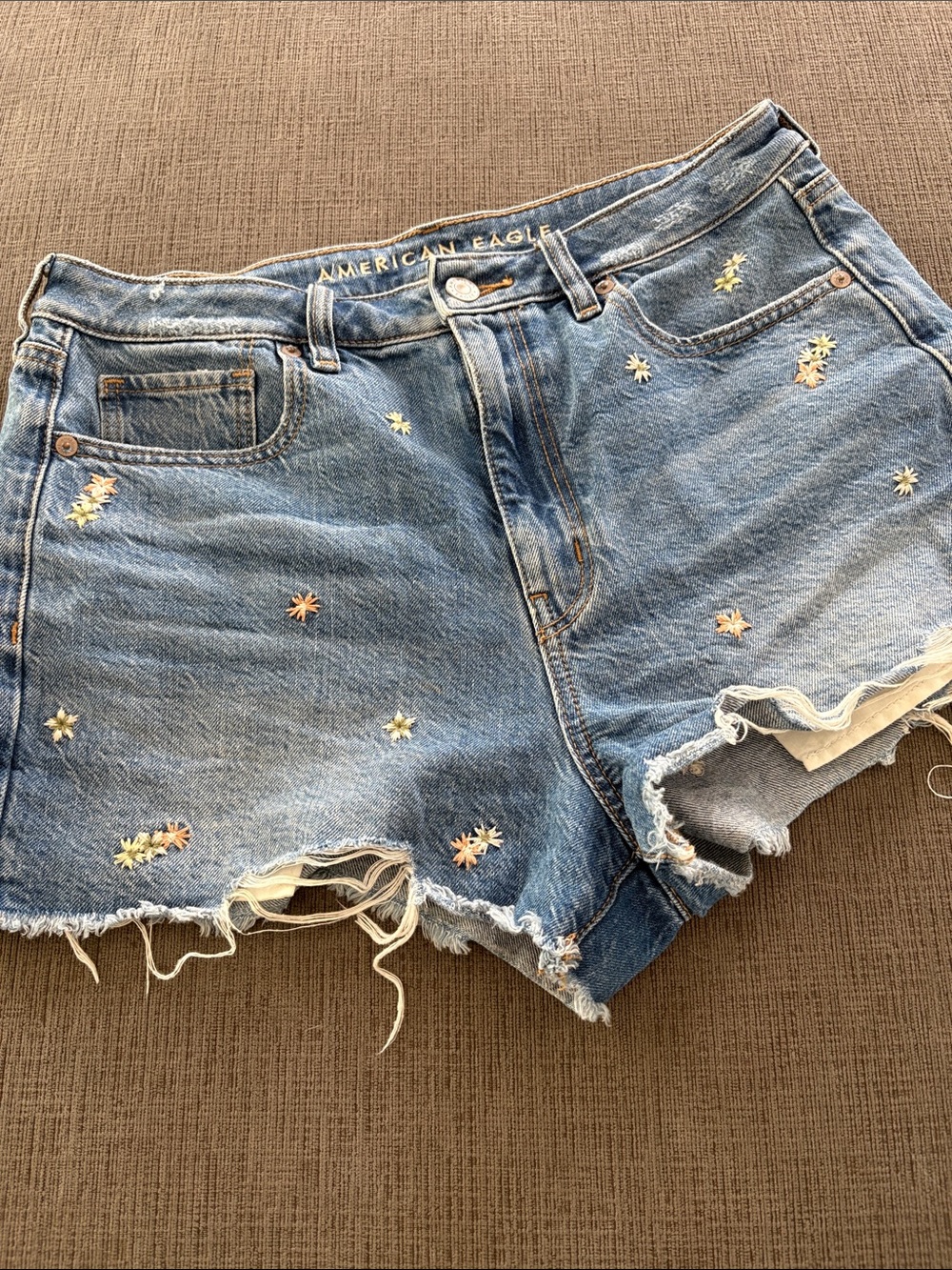 Distressed AE Outfitters Denim Cutoff Shorts with Embroidered Flowers